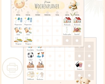 May include: A printable weekly planner with a cute cartoon sun and bee design. The planner includes sections for morning routine, school, lunch, homework, activities, dinner, bedtime, and weekend activities. The planner is designed for children and features colorful illustrations.