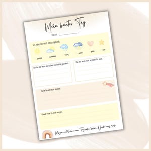 Puede incluir: Una página de diario diario en colores pastel con el título "Mein bunter Tag" y indicaciones para el estado de ánimo, la gratitud y las reflexiones. Incluye iconos meteorológicos y espacio para escribir.