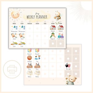 Könnte beinhalten: Ein druckbarer Wochenplaner mit einer niedlichen Bienen- und Sonnenillustration. Der Planer ist in Abschnitte von Montag bis Sonntag unterteilt, mit Platz für Aktivitäten wie Morgenroutine, Schule, Mittagessen, Hausaufgaben, Basketball, Yoga, Abendessen, Schlafenszeit, Wochenende, Spielplatz und Filmabend.