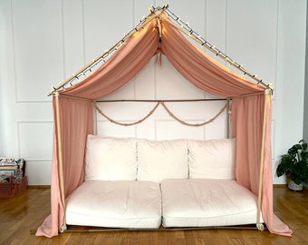 Katoenen mousseline-hemel, bedhemel, bedhemel, babykamergordijnen, baldakijn voor peuters, mousseline gordijnen