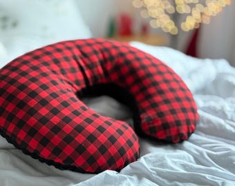 Fodera per cuscino da allattamento Buffalo Plaid: Minky rosso e nero, cotone biologico
