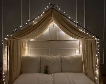 Katoenen mousseline-hemel, bedhemel, bedhemel, babykamergordijnen, baldakijn voor peuters, mousseline gordijnen