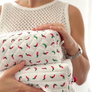 Quilted Makeup Bag with Red Chili Peppers, Trendy Handmade Cosmetic Pouch, Travel Toiletry Bag, Bold Aesthetic Gift for Her, organizer
