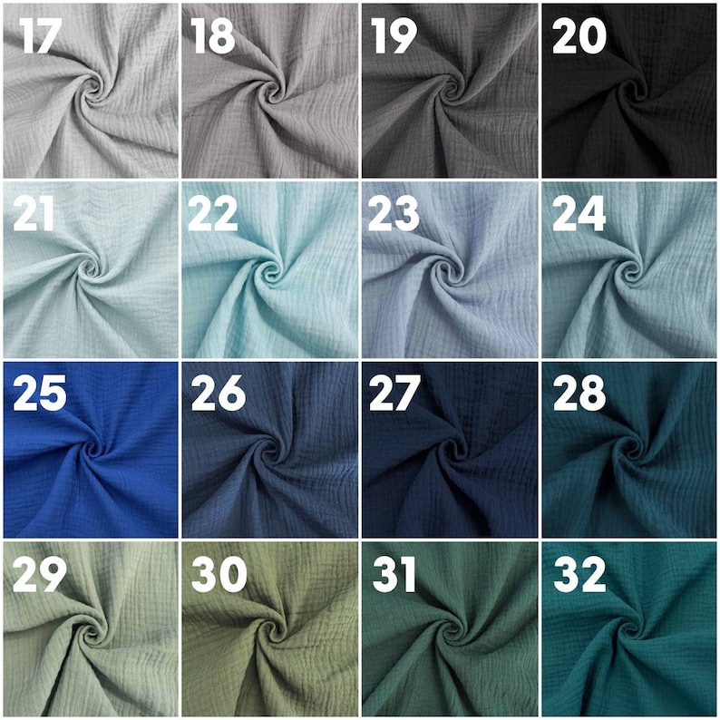 Puede incluir: Una carta de muestras que muestra 16 colores diferentes de tela. Los colores van desde gris claro hasta azul verdoso oscuro.