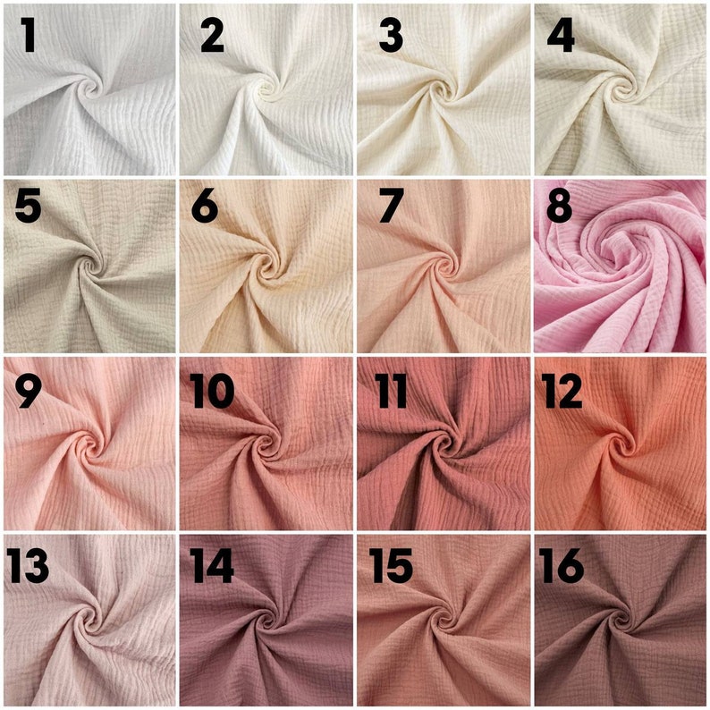 Puede incluir: Muestra de 16 colores diferentes de tela. Los colores van del blanco al rosa al rojo. La tela es una muselina de algod&oacute;n suave y texturizada.