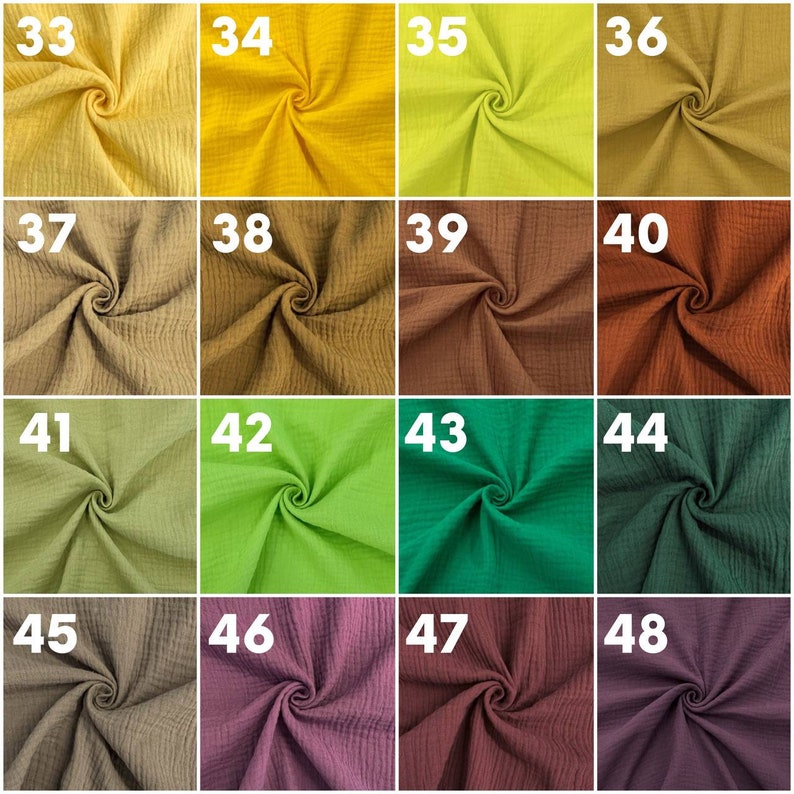 Puede incluir: Una colecci&oacute;n de 12 muestras de tela en varios colores, incluyendo amarillo, verde, marr&oacute;n y morado. Las muestras est&aacute;n dispuestas en una cuadr&iacute;cula y numeradas del 33 al 48.