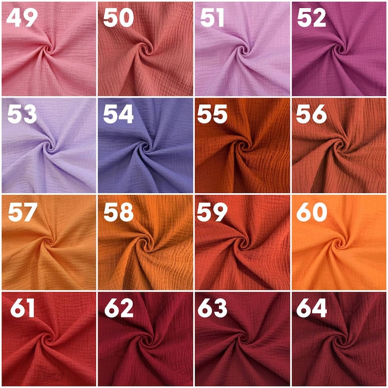 Puede incluir: Una colecci&oacute;n de 16 muestras de tela en varios tonos de rosa, morado, naranja y rojo. Las muestras est&aacute;n dispuestas en una cuadr&iacute;cula y numeradas del 49 al 64.