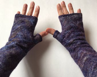 Purple Felted Arm Warmers Multi Color Merino Wool Tussah Silk - Concord - made to order