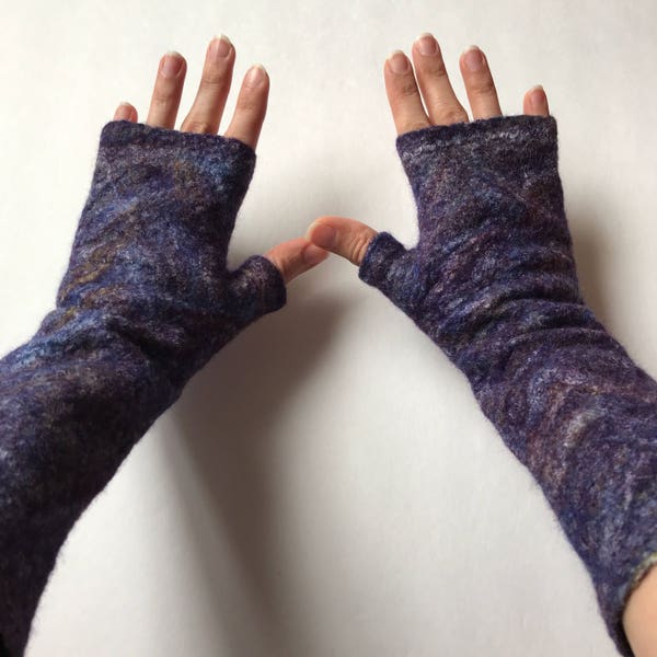 Purple Felted Arm Warmers Multi Color Merino Wool Tussah Silk - Concord - made to order