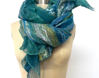 Green Scarf Nuno Felted Shawl Wrap Blue Yellow Purple  OOAK - Mermaids