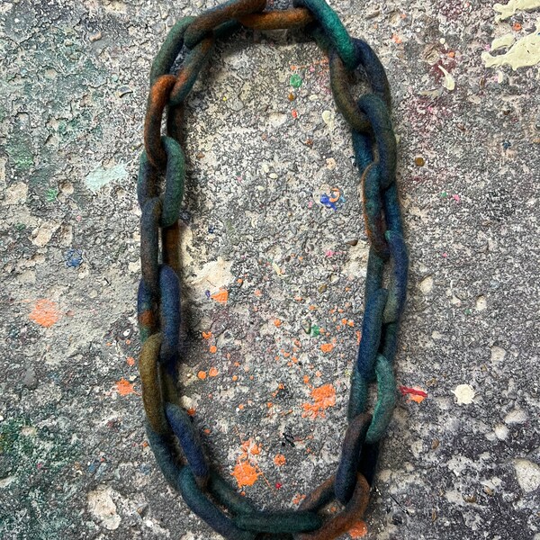 Green Blue Orange Felted Necklace Chain Fiber Art from Hard and Soft Collection - Down The Bayou