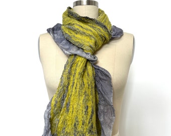 Yellow Nuno Felted Scarf Ruffles Skinny Gray