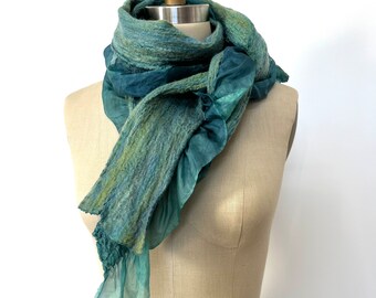 Blue Green Yellow Nuno Felted Scarf Ruffles Skinny - Luna Moth