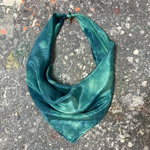 Green Silk Scarf Bandana Square Hand Dyed Blue - Forest 1