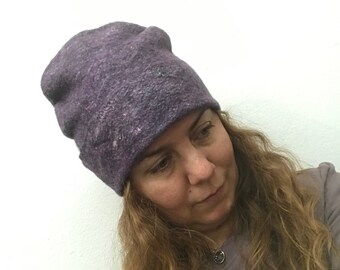 Purple Felted Hat Slouchy Multicolor Beenie - Black Currant - made to order