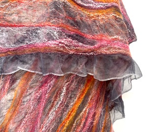 Orange Pink Gray Scarf Nuno Felted Shawl Wrap  - Sunrise