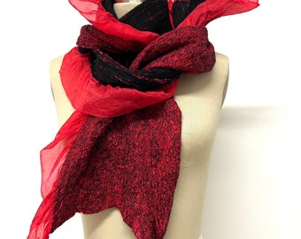 Red Black Nuno Felted Scarf Ruffles Skinny