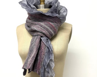 Grey Pink Nuno Felted Scarf Ruffles Skinny