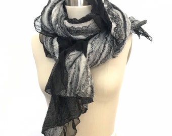 Black White Nuno Felted Shawl Wrap Scarf - made to order