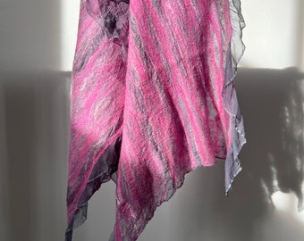 Pink Scarf Shawl Nuno Felted Wrap Scarf Gray Barbie - Pink Salvia - made to order