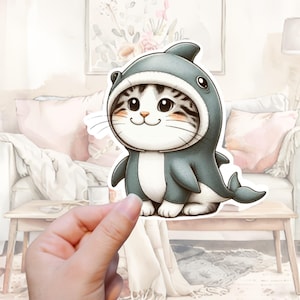 Gato disfrazado de tiburón / Pegatina o imán / Pegatina impermeable, imán para nevera, calcomanía para portátil, botella de agua, Kindle, divertido, gatito, adorable, animal