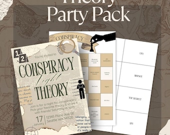 May include: A party pack for a Conspiracy Theory Night, featuring an invitation, game cards, and a list of conspiracy topics. The invitation includes the date, time, and location. The pack is designed with a vintage map background.