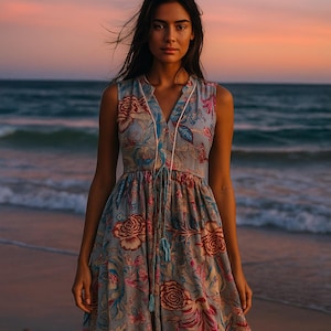 May include: A sleeveless, light blue dress with a floral pattern of pink, red, and blue flowers. The dress has a V-neckline with white trim and a drawstring waist. The model is standing on a beach at sunset.