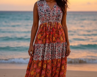 Handblock Drucken Lockere Passform Baumwolle Maxi Strandkleid, Boho Boho Blumen Urlaub Sommer Sommerkleid, Midi Kleid,