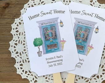 Housewarming party favor fans for guests, personalized for the homeowner, perfect for that summer housewarming party gift.