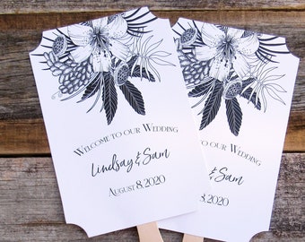 Wedding Fans - Wedding Guest Fans - Black and White Fans - Black and White Hand Fans - Tropical Wedding Fans - Wedding Favor Fans | BAW