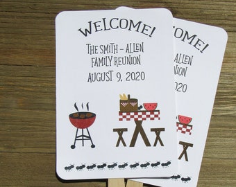 Family reunion favor fans personalized for a special touch.  Our barbeque theme favor fan can be made for any event.