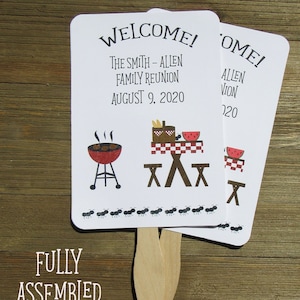 Family reunion favor fans personalized for a special touch.  Our barbeque theme favor fan can be made for any event.