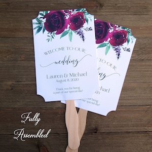 Burgundy Wedding Fans - Burgundy Wedding - Wedding Fans - Floral Wedding Fans - Assembled Wedding Fans - Personalized Fans