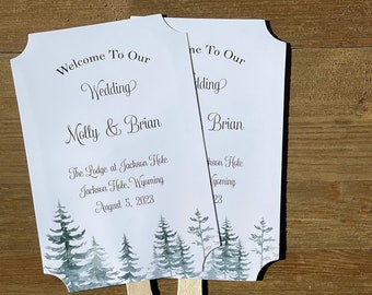 Forest theme wedding fans personalized for that mountain wedding.  Green tree wedding hand fans will keep your guests cool and comfortable.