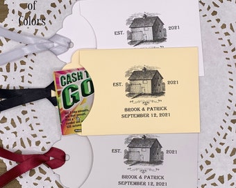 Barn wedding lottery ticket favors, personalized for the bride and groom.  Fun rustic wedding guest favors, slide in a lotto ticket.