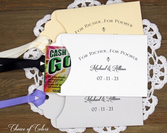 For Richer For Poorer lottery ticket wedding favors, personalized with your choice of colors.  Fun lottery ticket wedding guest favors