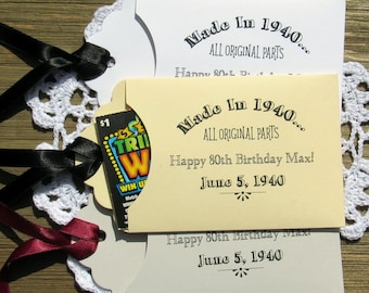 Unique adult birthday favors, lottery ticket holders personalized for the honoree.  Add the made in year to these fun milestone favors.