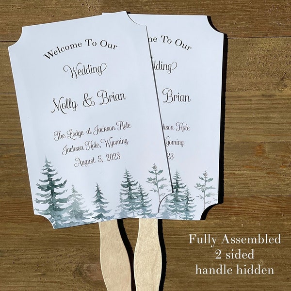 Forest theme wedding fans personalized for that mountain wedding.  Green tree wedding hand fans will keep your guests cool and comfortable.