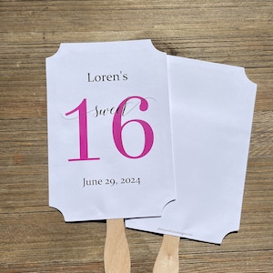 Sweet 16 favor fans that are personalized for the guest of honor.  Fans are printed on white card stock with your choice of the large 16 number color.  They come fully assembled, two sided with handle hidden between.