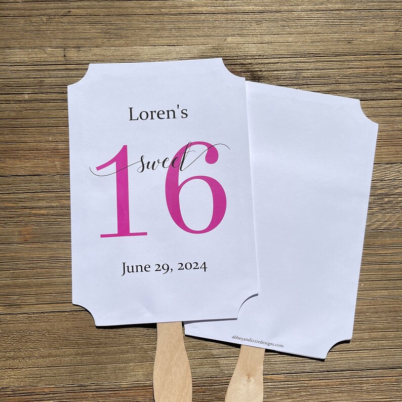Sweet 16 favor fans that are personalized for the guest of honor.  Fans are printed on white card stock with your choice of the large 16 number color.  They come fully assembled, two sided with handle hidden between.