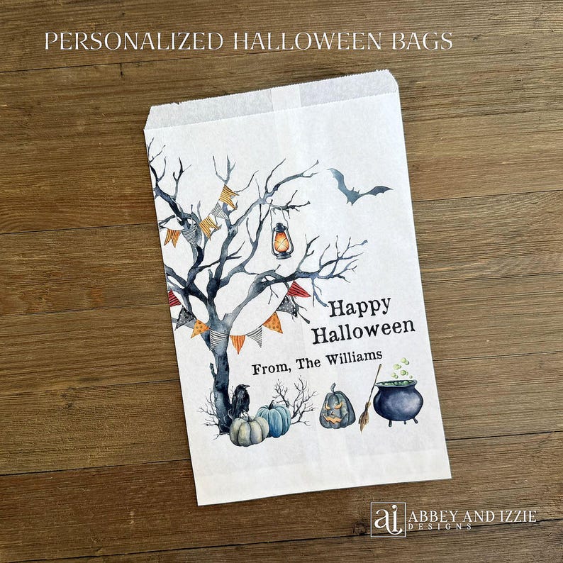Spooky Halloween treat bags, personalized for a nice touch.  Great to fill for trick or treat bags or a Halloween Party Favor.  Adorned with a old spooky tree, pumpkins, a crow and more these will be a fun candy bag.