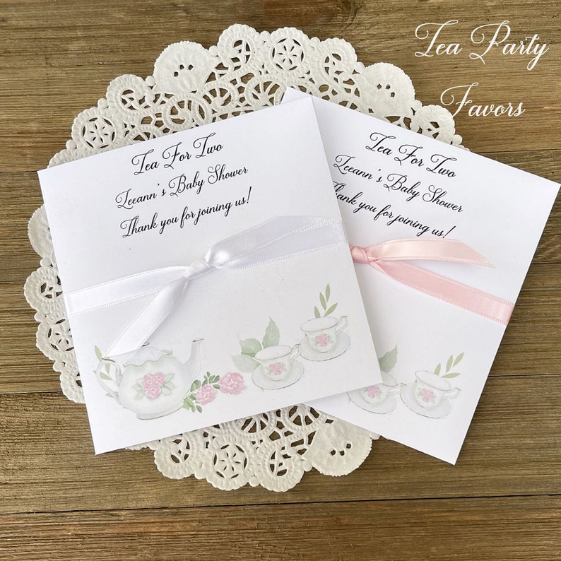 Tea party baby shower favors, slide your favorite tea bag in these personalized envelopes for a fun tea party theme.  Perfect for a baby shower favor for twins.  Personalized for the guest of honor, such a special touch for a baby shower.