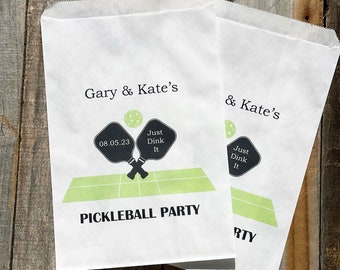 Pickleball party favor bags personalized for your event. Pickleball party ideas, fill these bags with candy, popcorn or use for utensil bags