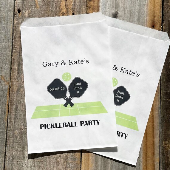Pickleball party favor bags personalized for your event. Pickleball party ideas, fill these bags