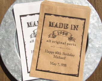 Personalized adult birthday favor bags with a vintage touch.  Birthday cookie bags, candy bags, popcorn bags fill them up with goodies.