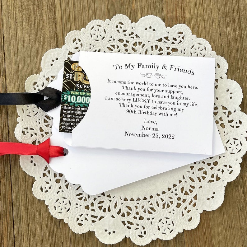 Unique adult birthday party favors, each envelope printed with a sweet thank you to your friends and family for celebrating your birthday with you.  Personalized birthday favors, slide a lottery ticket in the envelope and see who wins.
