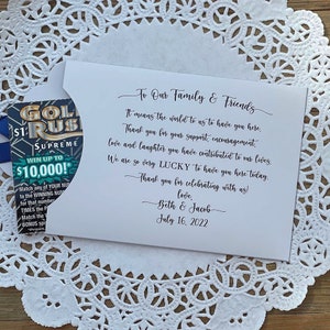 To our family and friends thank you wedding favors.  Sweet thank you wedding guest favors, slide a lottery ticket in the envelope to see who wins.  Personalized for the bride and groom, choice of envelope and ribbon color.