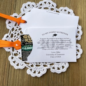 Best graduation party favors with a personalized thank you message for your guests.  Easy favors, slide a lottery ticket in the open end and see who wins big.  Printed on white card stock, your choice of ribbon color.