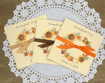 Fall wedding guest favors, personalized for the happy couple.  Envelopes for lotto tickets or coasters, ribbon included and comes attached.