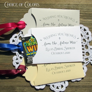 Wishing you Riches from the Future Mrs. bridal shower favors. Slide a lotto ticket in these fun bridal shower favors to see who wins big.